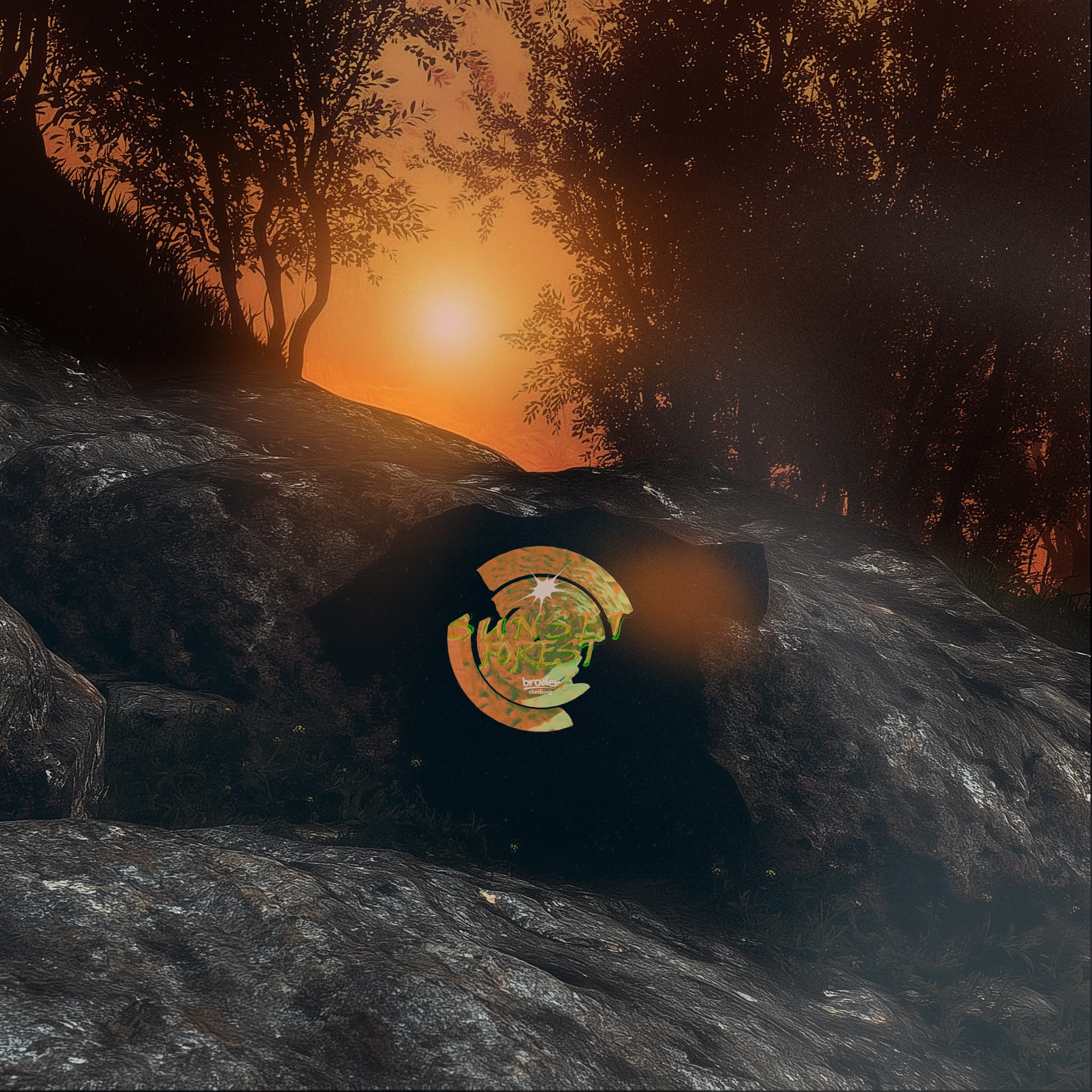 Sunset Forest tee feature image on rocks